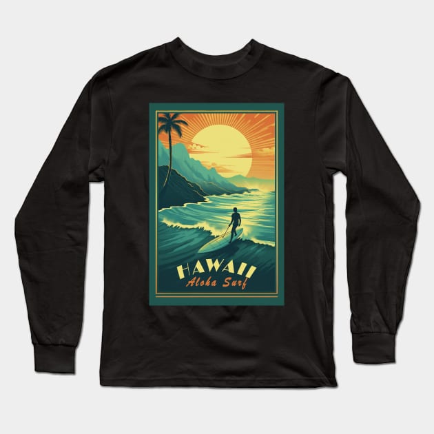 Hawaii Vintage Retro Travel Poster Long Sleeve T-Shirt by GreenMary Design